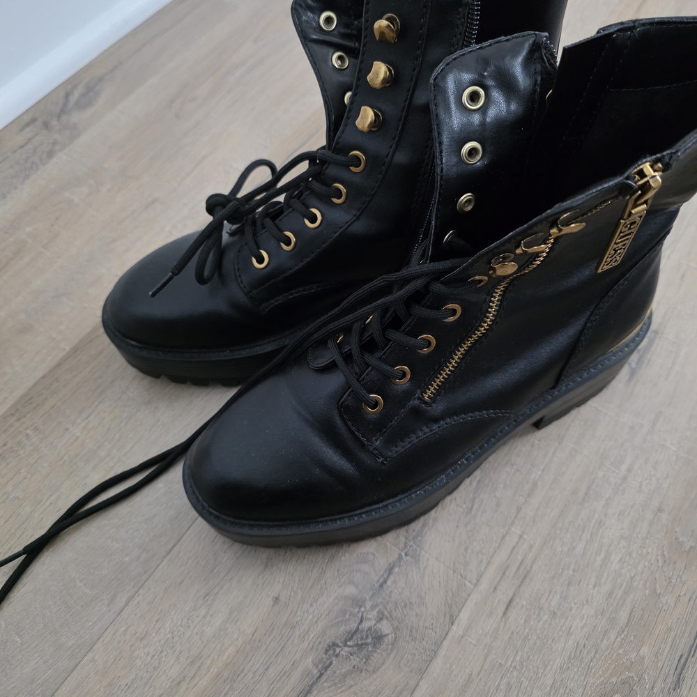 Guess Black Leather Combat Boots with Gold Details